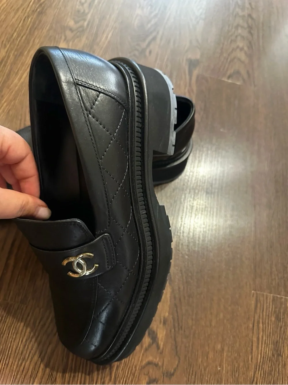 CHANEL 23A Black Quilted Calfskin Leather Loafers with Gold CC